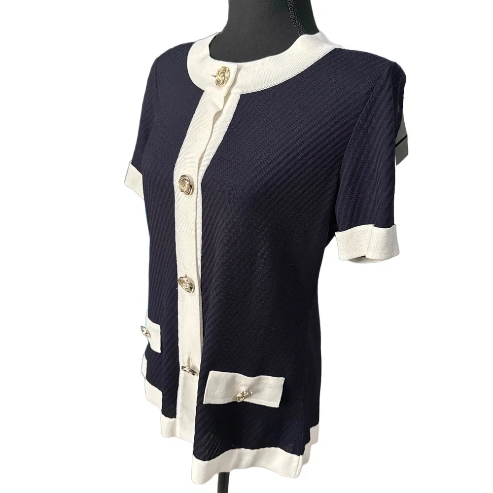 Misook NWOT Women’s Short Sleeve Cardigan in Navy|White-Size Small - Picture 5 of 10